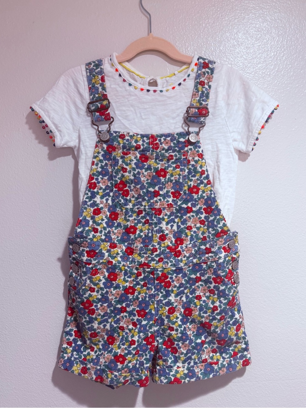 Mini Boden Floral Corduroy Short Overalls in Blue, Red, Yellow